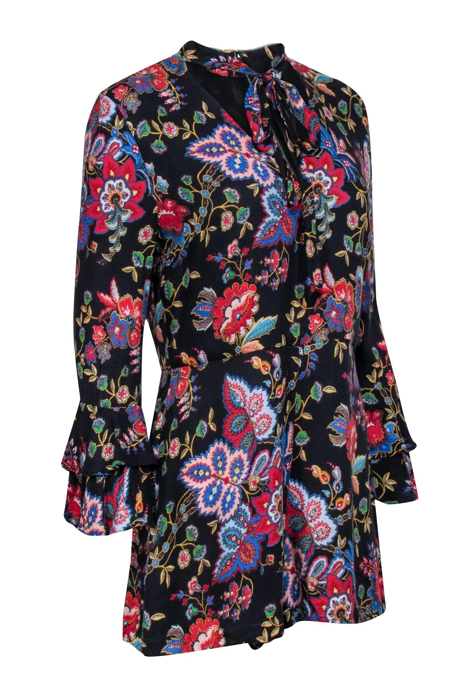 Alice & Olivia - Black Floral Print Romper w/ Front Neck Tie Sz 10