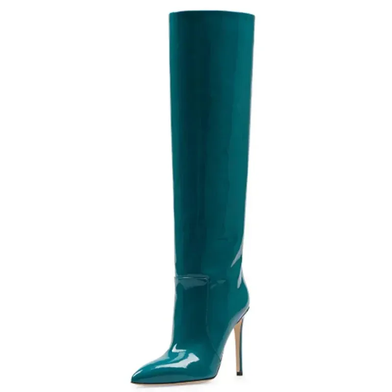 Autumn/Winter Knee-Length Women's Boots - High Heel, Pointed Toe, Patent Leather, Fashion Style, Large Sizes 43