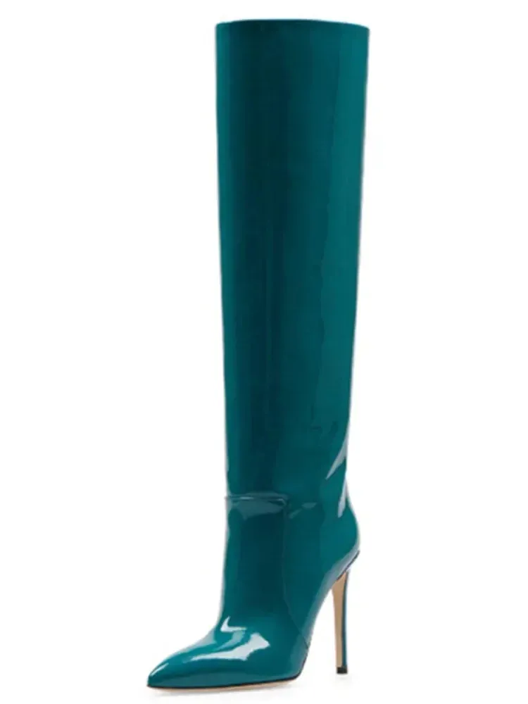 Autumn/Winter Knee-Length Women's Boots - High Heel, Pointed Toe, Patent Leather, Fashion Style, Large Sizes 43