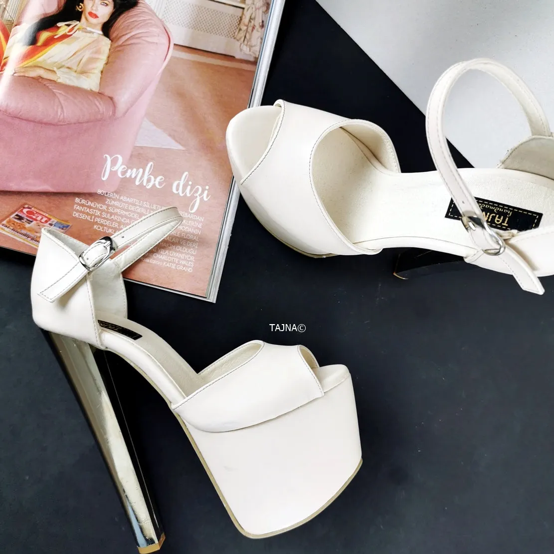 Cream Ankle Strap Chunky Metallic Heels