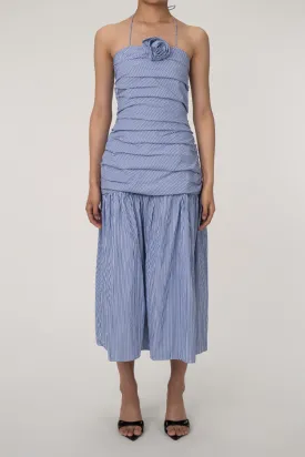 Nautical Striped Rosette Halter Plea Drop Waist Beach Vacation Midi Dress