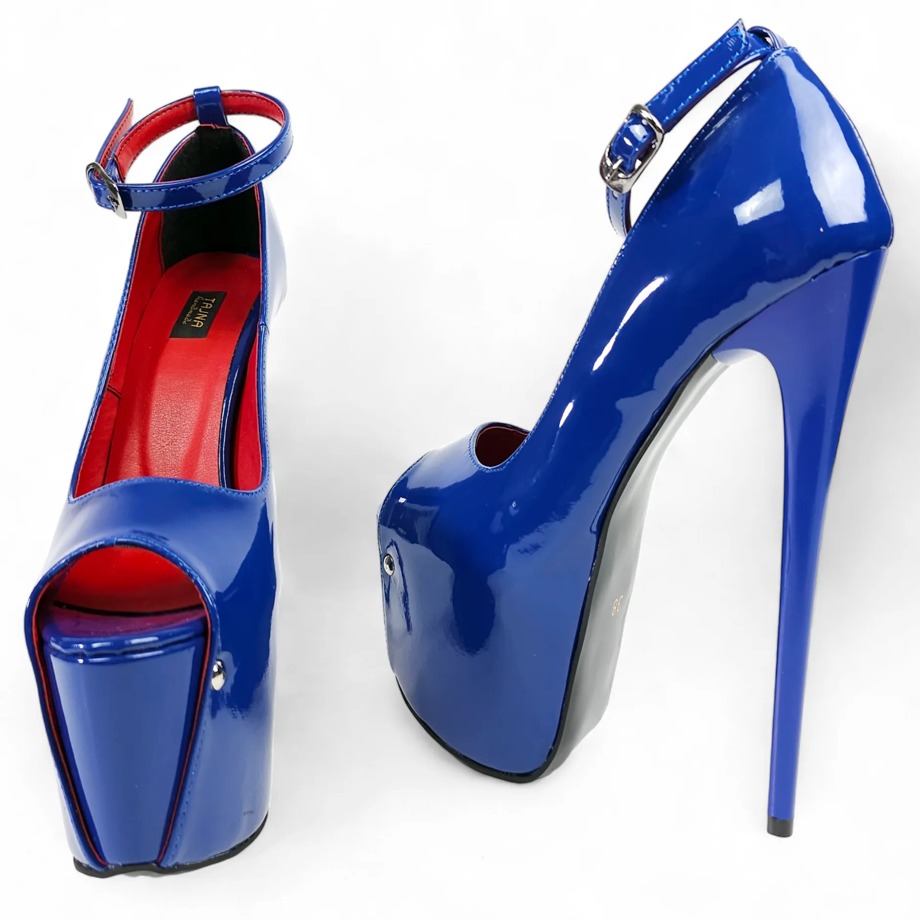 Royal Blue Gloss Ankle Strap High Heel Platforms