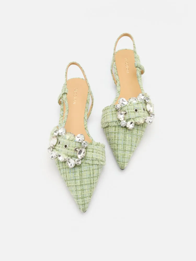 Sofie Tweed Diamante Buckle Slingback Flats